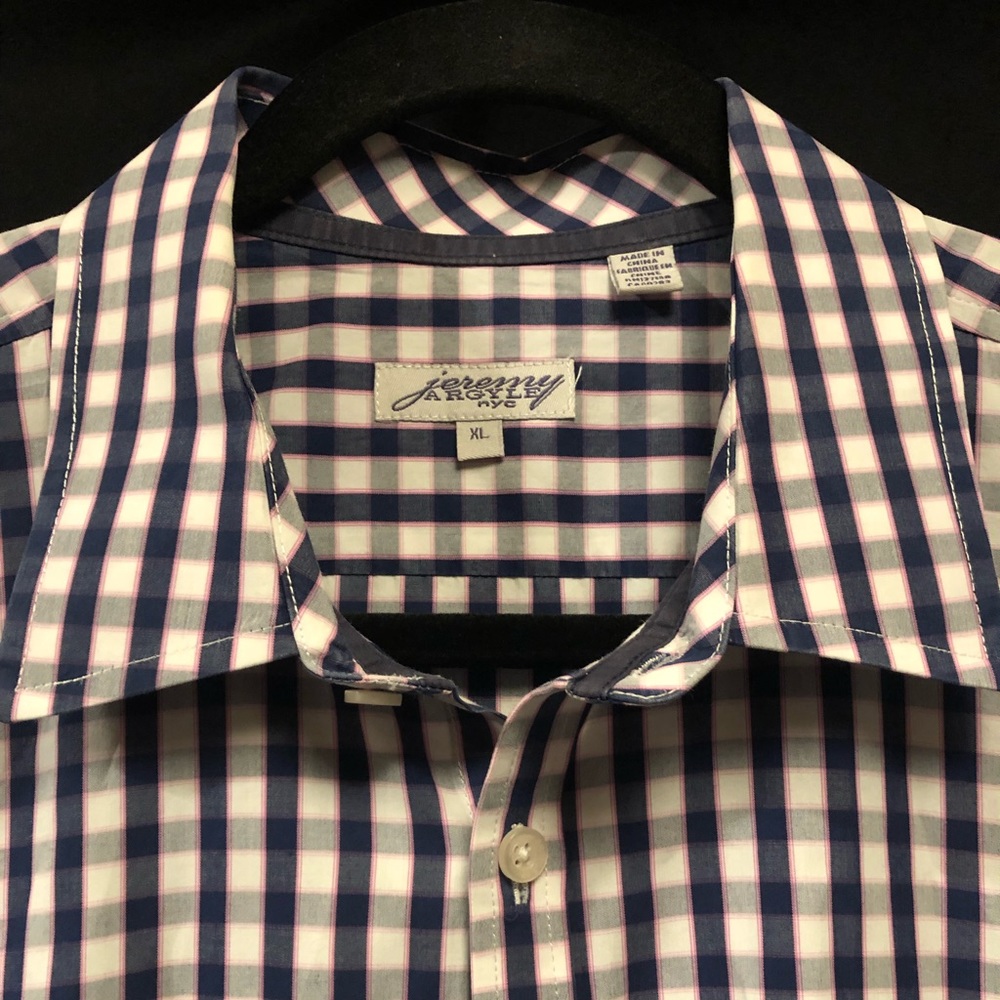 Jeremy Argile NYC, Men’s Button Down Blue/Grey/Pink Plaid Long Sleeve Shirt, XL